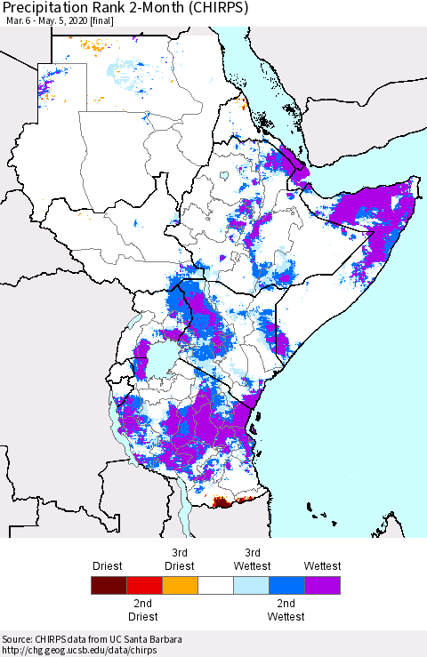 Eastern Africa Precipitation Rank 2-Month (CHIRPS) Thematic Map For 3/6/2020 - 5/5/2020