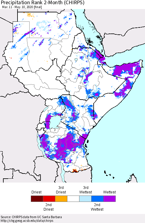 Eastern Africa Precipitation Rank 2-Month (CHIRPS) Thematic Map For 3/11/2020 - 5/10/2020