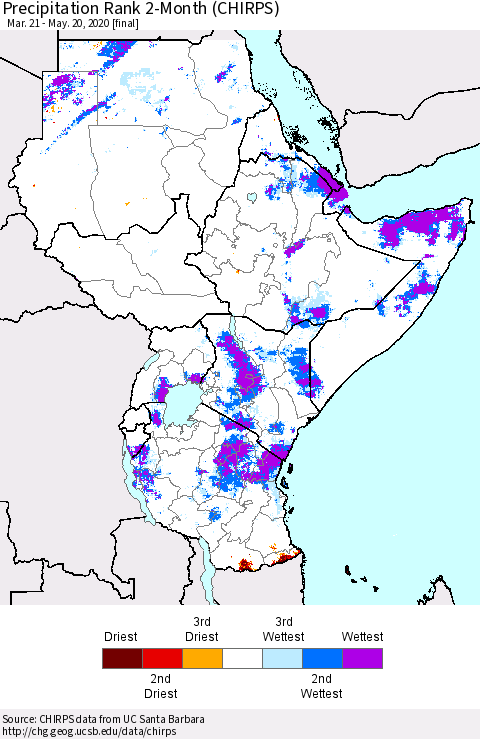 Eastern Africa Precipitation Rank 2-Month (CHIRPS) Thematic Map For 3/21/2020 - 5/20/2020