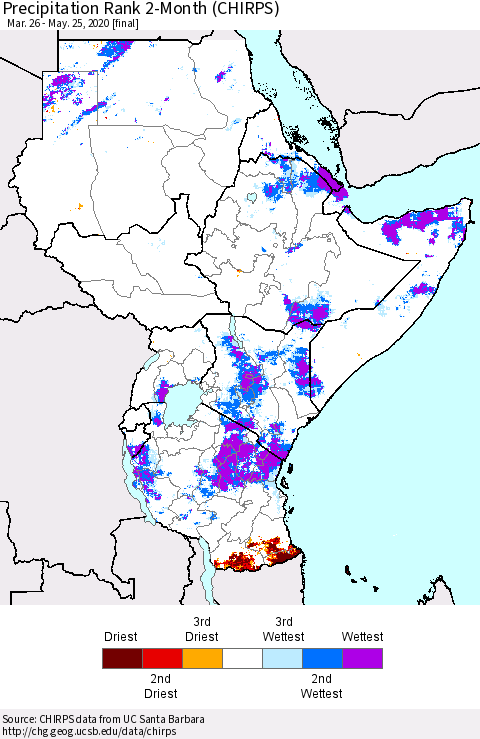 Eastern Africa Precipitation Rank 2-Month (CHIRPS) Thematic Map For 3/26/2020 - 5/25/2020