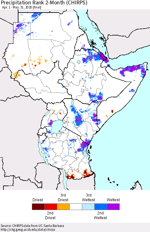 Eastern Africa Precipitation Rank since 1981, 2-Month (CHIRPS) Thematic Map For 4/1/2020 - 5/31/2020