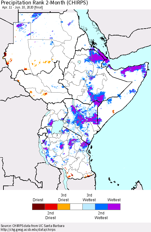 Eastern Africa Precipitation Rank 2-Month (CHIRPS) Thematic Map For 4/11/2020 - 6/10/2020