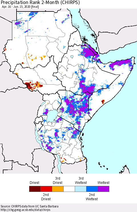 Eastern Africa Precipitation Rank 2-Month (CHIRPS) Thematic Map For 4/16/2020 - 6/15/2020