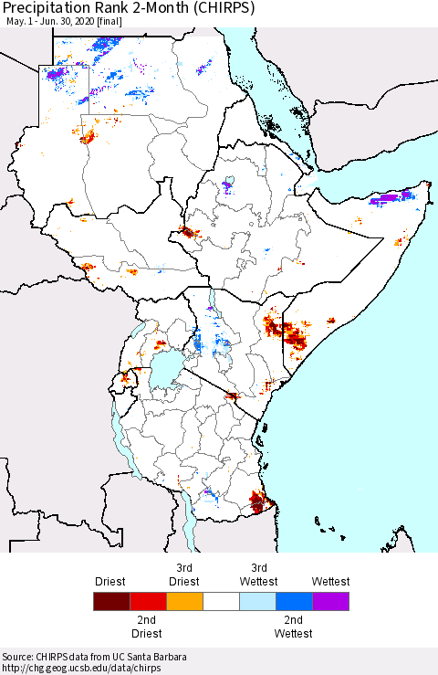 Eastern Africa Precipitation Rank 2-Month (CHIRPS) Thematic Map For 5/1/2020 - 6/30/2020