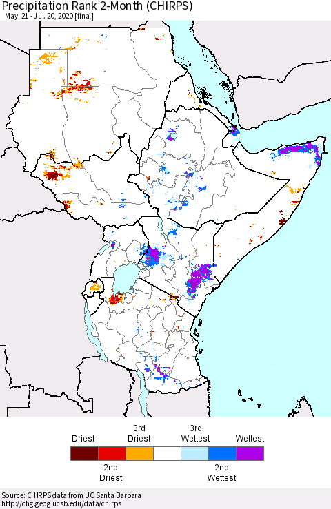 Eastern Africa Precipitation Rank since 1981, 2-Month (CHIRPS) Thematic Map For 5/21/2020 - 7/20/2020