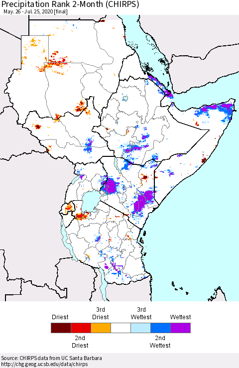 Eastern Africa Precipitation Rank since 1981, 2-Month (CHIRPS) Thematic Map For 5/26/2020 - 7/25/2020