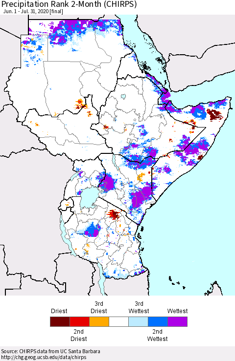 Eastern Africa Precipitation Rank 2-Month (CHIRPS) Thematic Map For 6/1/2020 - 7/31/2020