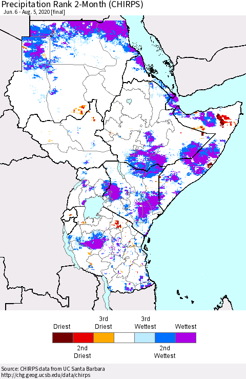 Eastern Africa Precipitation Rank 2-Month (CHIRPS) Thematic Map For 6/6/2020 - 8/5/2020