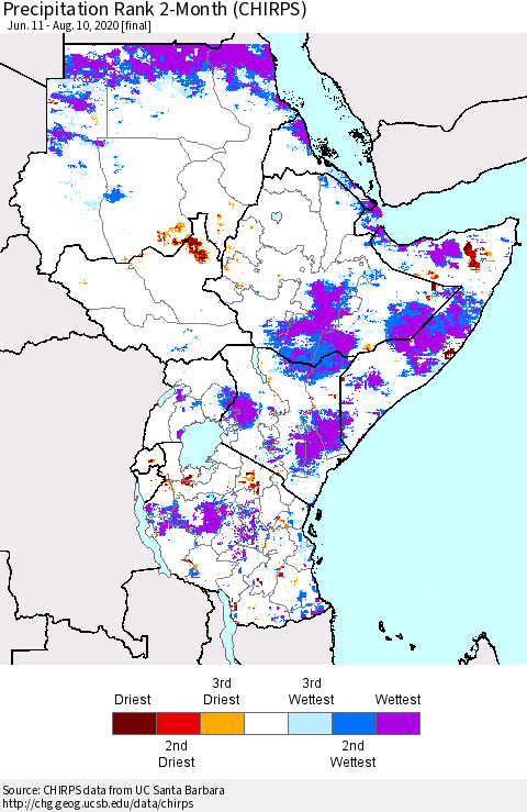 Eastern Africa Precipitation Rank since 1981, 2-Month (CHIRPS) Thematic Map For 6/11/2020 - 8/10/2020
