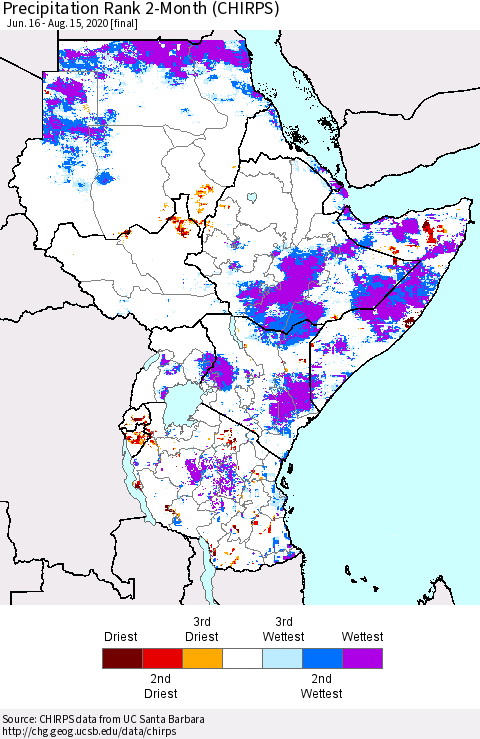 Eastern Africa Precipitation Rank 2-Month (CHIRPS) Thematic Map For 6/16/2020 - 8/15/2020