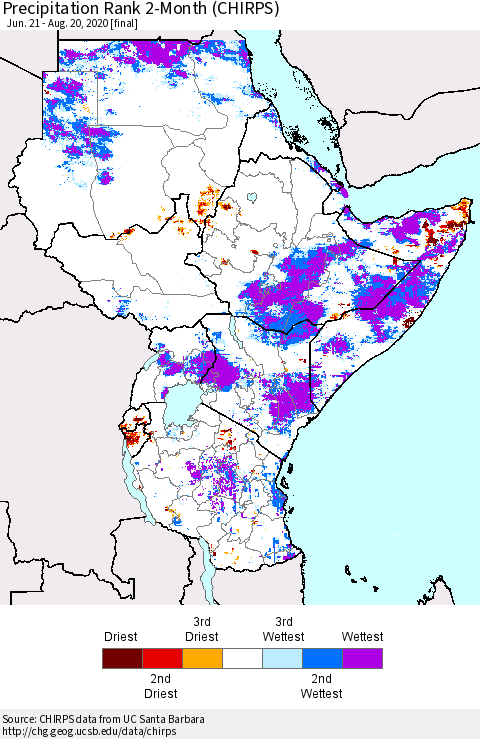 Eastern Africa Precipitation Rank 2-Month (CHIRPS) Thematic Map For 6/21/2020 - 8/20/2020