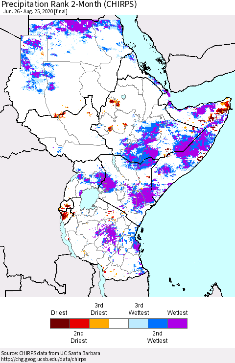 Eastern Africa Precipitation Rank 2-Month (CHIRPS) Thematic Map For 6/26/2020 - 8/25/2020