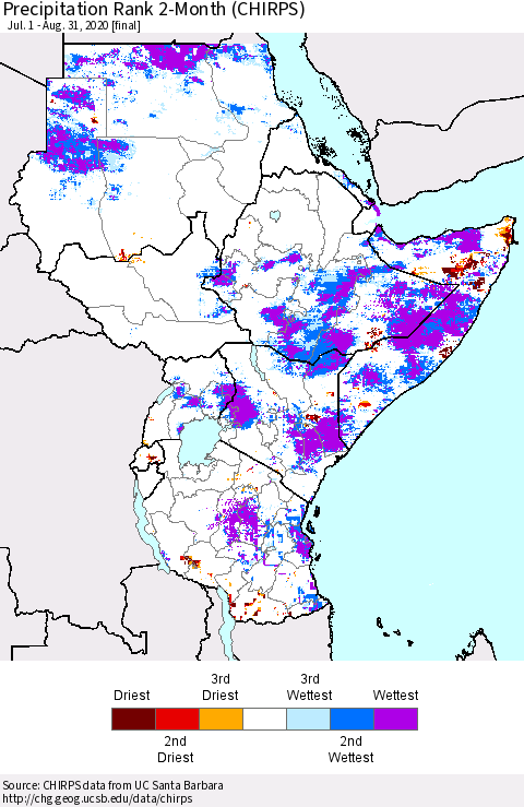 Eastern Africa Precipitation Rank since 1981, 2-Month (CHIRPS) Thematic Map For 7/1/2020 - 8/31/2020