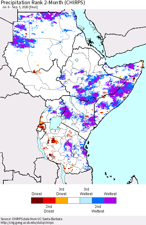Eastern Africa Precipitation Rank 2-Month (CHIRPS) Thematic Map For 7/6/2020 - 9/5/2020