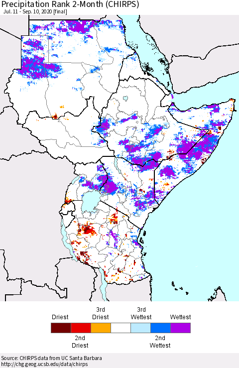 Eastern Africa Precipitation Rank 2-Month (CHIRPS) Thematic Map For 7/11/2020 - 9/10/2020