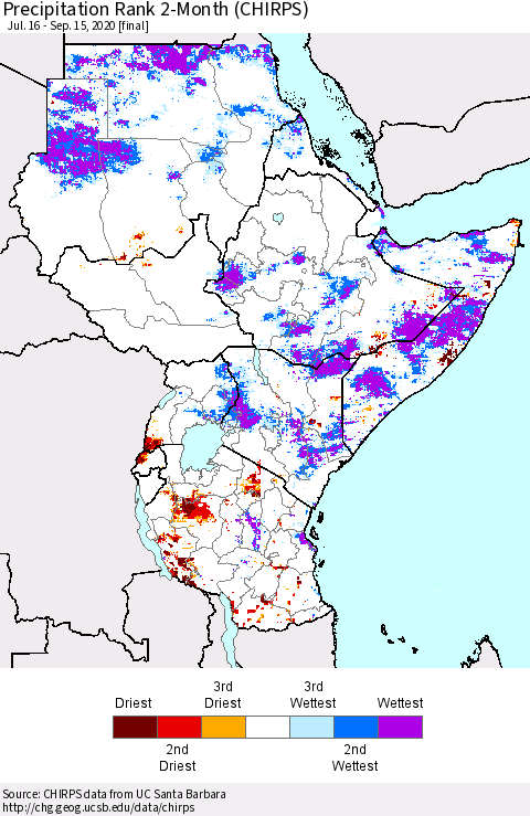 Eastern Africa Precipitation Rank 2-Month (CHIRPS) Thematic Map For 7/16/2020 - 9/15/2020