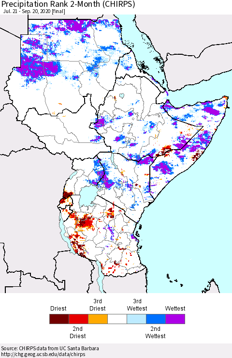 Eastern Africa Precipitation Rank 2-Month (CHIRPS) Thematic Map For 7/21/2020 - 9/20/2020