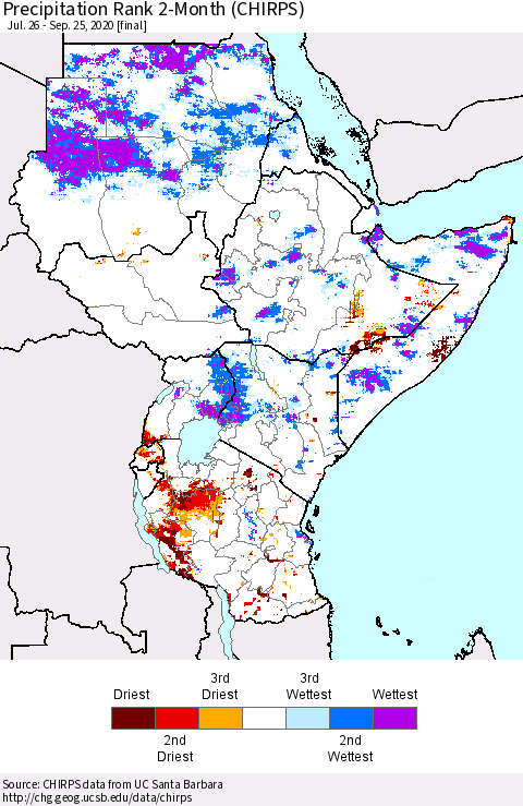 Eastern Africa Precipitation Rank 2-Month (CHIRPS) Thematic Map For 7/26/2020 - 9/25/2020