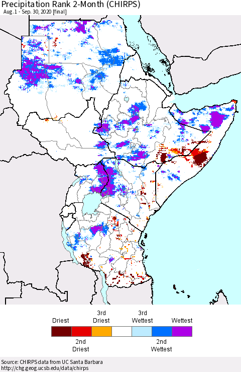 Eastern Africa Precipitation Rank 2-Month (CHIRPS) Thematic Map For 8/1/2020 - 9/30/2020