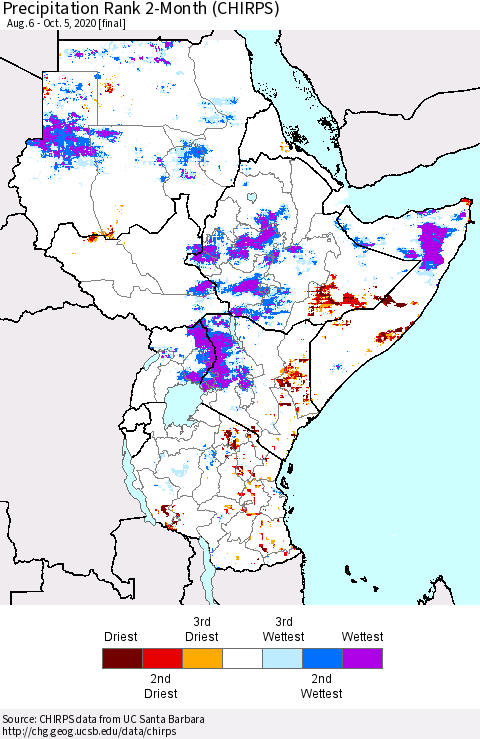 Eastern Africa Precipitation Rank 2-Month (CHIRPS) Thematic Map For 8/6/2020 - 10/5/2020