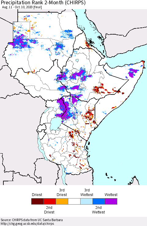 Eastern Africa Precipitation Rank 2-Month (CHIRPS) Thematic Map For 8/11/2020 - 10/10/2020