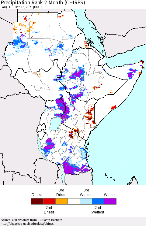 Eastern Africa Precipitation Rank 2-Month (CHIRPS) Thematic Map For 8/16/2020 - 10/15/2020