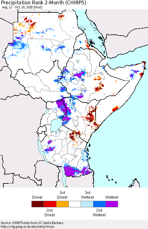 Eastern Africa Precipitation Rank since 1981, 2-Month (CHIRPS) Thematic Map For 8/21/2020 - 10/20/2020