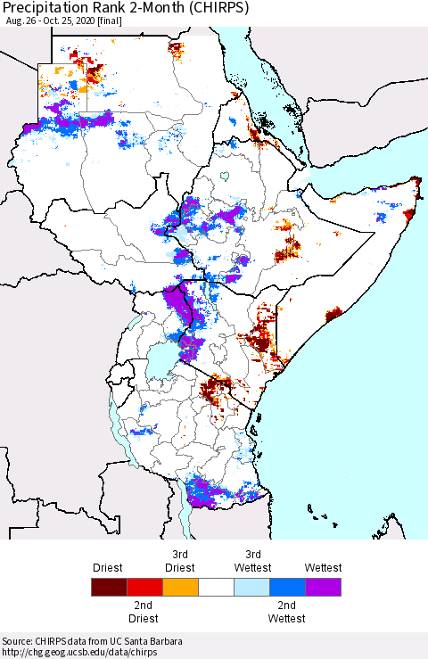 Eastern Africa Precipitation Rank since 1981, 2-Month (CHIRPS) Thematic Map For 8/26/2020 - 10/25/2020