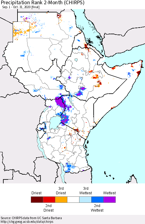 Eastern Africa Precipitation Rank 2-Month (CHIRPS) Thematic Map For 9/1/2020 - 10/31/2020