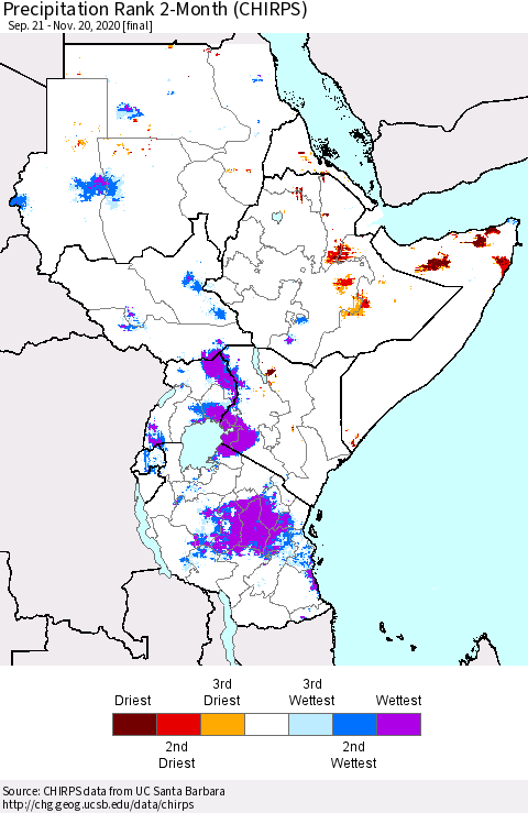 Eastern Africa Precipitation Rank since 1981, 2-Month (CHIRPS) Thematic Map For 9/21/2020 - 11/20/2020