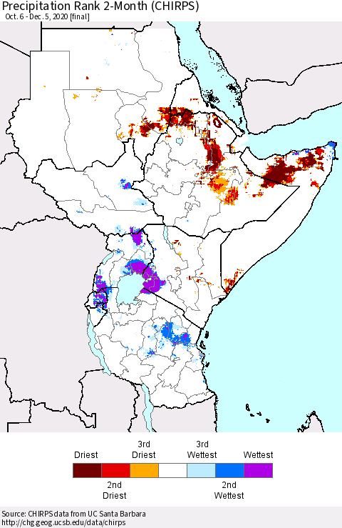 Eastern Africa Precipitation Rank since 1981, 2-Month (CHIRPS) Thematic Map For 10/6/2020 - 12/5/2020