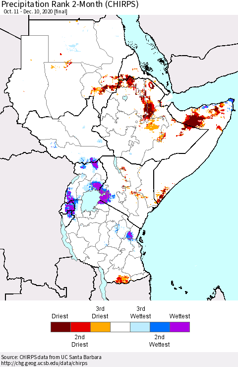 Eastern Africa Precipitation Rank 2-Month (CHIRPS) Thematic Map For 10/11/2020 - 12/10/2020