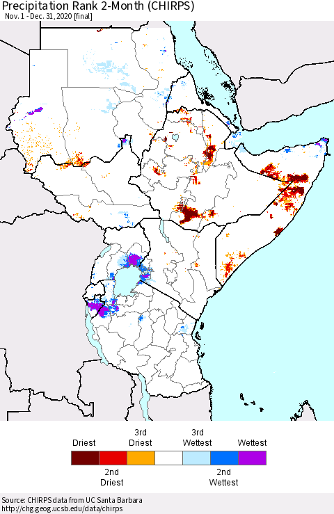 Eastern Africa Precipitation Rank since 1981, 2-Month (CHIRPS) Thematic Map For 11/1/2020 - 12/31/2020