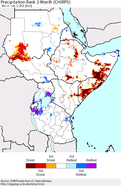 Eastern Africa Precipitation Rank 2-Month (CHIRPS) Thematic Map For 11/6/2020 - 1/5/2021