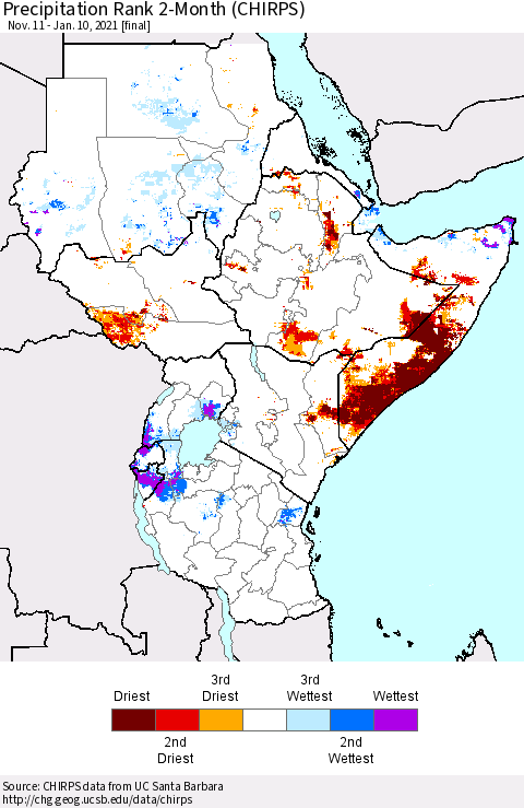 Eastern Africa Precipitation Rank since 1981, 2-Month (CHIRPS) Thematic Map For 11/11/2020 - 1/10/2021