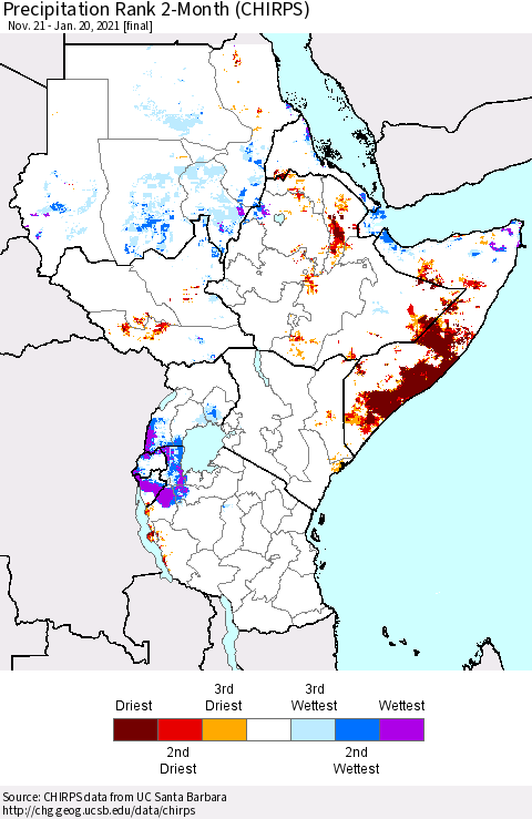 Eastern Africa Precipitation Rank 2-Month (CHIRPS) Thematic Map For 11/21/2020 - 1/20/2021