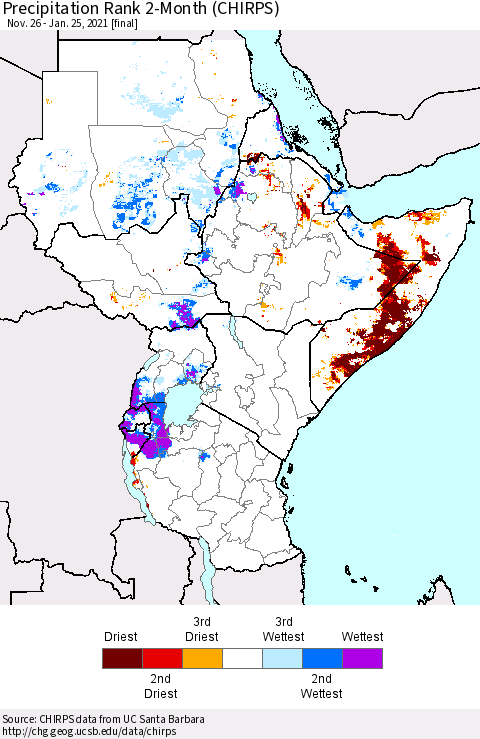 Eastern Africa Precipitation Rank 2-Month (CHIRPS) Thematic Map For 11/26/2020 - 1/25/2021