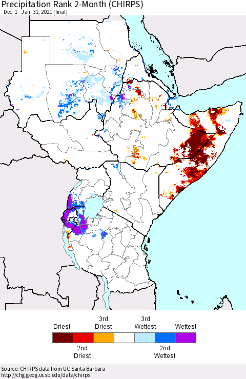 Eastern Africa Precipitation Rank 2-Month (CHIRPS) Thematic Map For 12/1/2020 - 1/31/2021