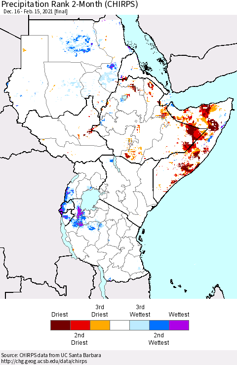 Eastern Africa Precipitation Rank since 1981, 2-Month (CHIRPS) Thematic Map For 12/16/2020 - 2/15/2021