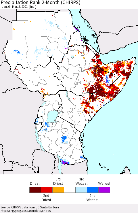 Eastern Africa Precipitation Rank since 1981, 2-Month (CHIRPS) Thematic Map For 1/6/2021 - 3/5/2021
