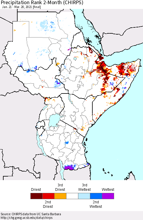 Eastern Africa Precipitation Rank 2-Month (CHIRPS) Thematic Map For 1/21/2021 - 3/20/2021