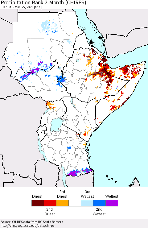 Eastern Africa Precipitation Rank 2-Month (CHIRPS) Thematic Map For 1/26/2021 - 3/25/2021