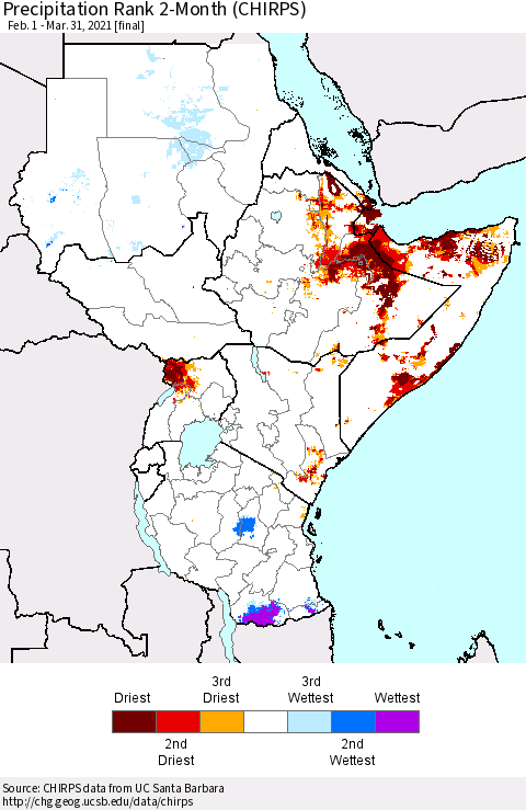 Eastern Africa Precipitation Rank 2-Month (CHIRPS) Thematic Map For 2/1/2021 - 3/31/2021