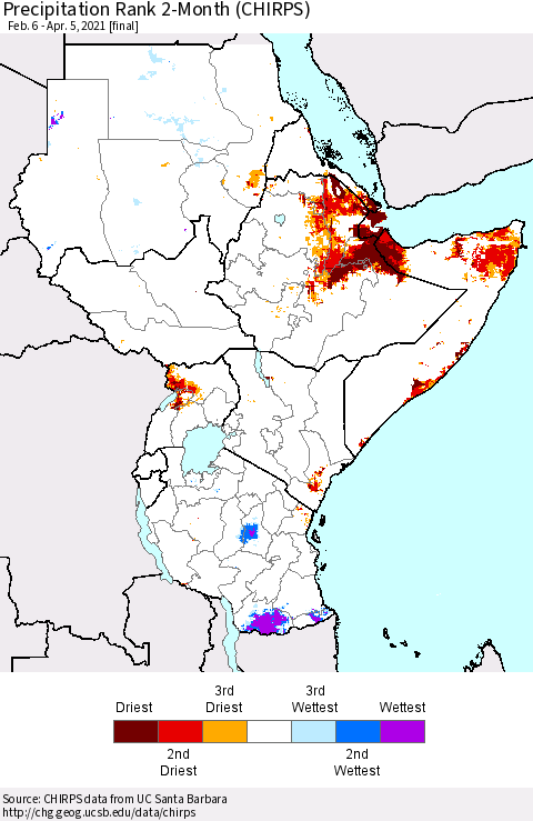Eastern Africa Precipitation Rank since 1981, 2-Month (CHIRPS) Thematic Map For 2/6/2021 - 4/5/2021