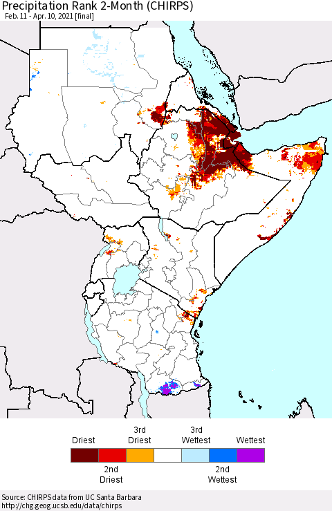 Eastern Africa Precipitation Rank since 1981, 2-Month (CHIRPS) Thematic Map For 2/11/2021 - 4/10/2021