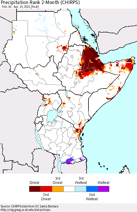 Eastern Africa Precipitation Rank 2-Month (CHIRPS) Thematic Map For 2/16/2021 - 4/15/2021