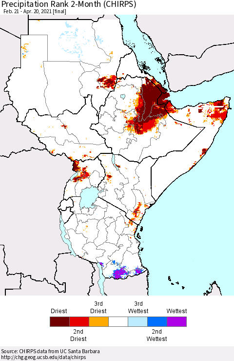 Eastern Africa Precipitation Rank 2-Month (CHIRPS) Thematic Map For 2/21/2021 - 4/20/2021