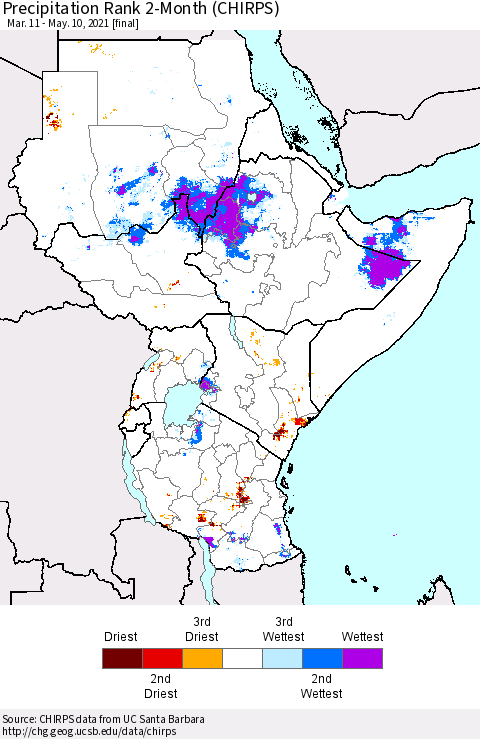 Eastern Africa Precipitation Rank since 1981, 2-Month (CHIRPS) Thematic Map For 3/11/2021 - 5/10/2021