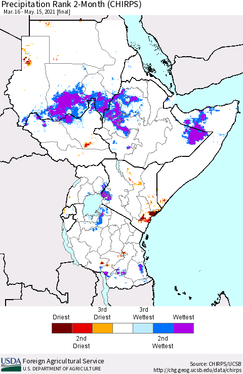 Eastern Africa Precipitation Rank since 1981, 2-Month (CHIRPS) Thematic Map For 3/16/2021 - 5/15/2021