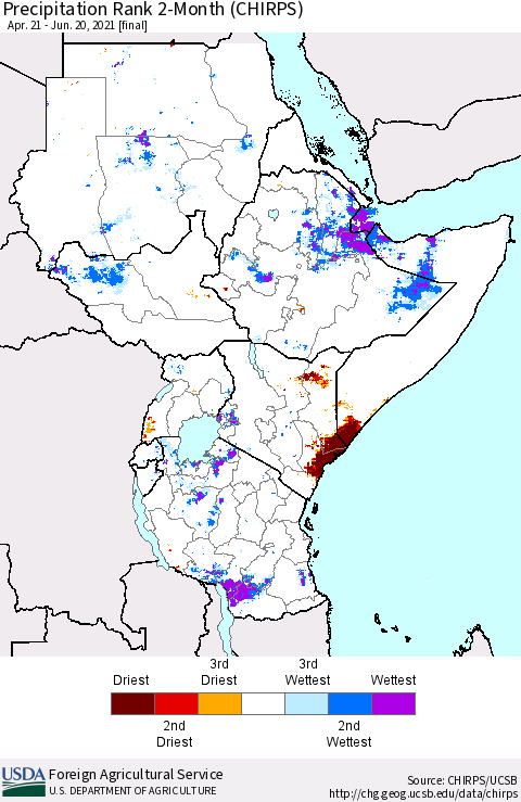 Eastern Africa Precipitation Rank since 1981, 2-Month (CHIRPS) Thematic Map For 4/21/2021 - 6/20/2021